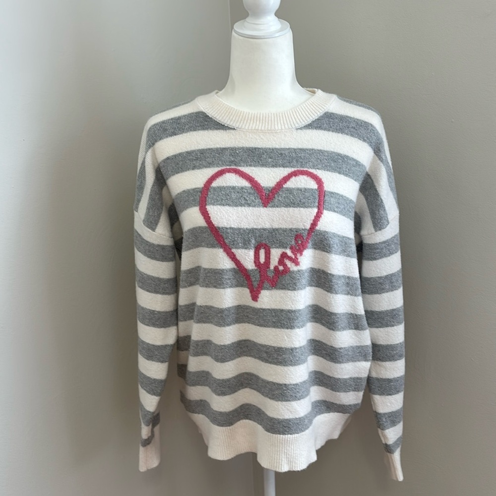 LOFT Gray and White Striped Sweater with Pink Heart "Love"